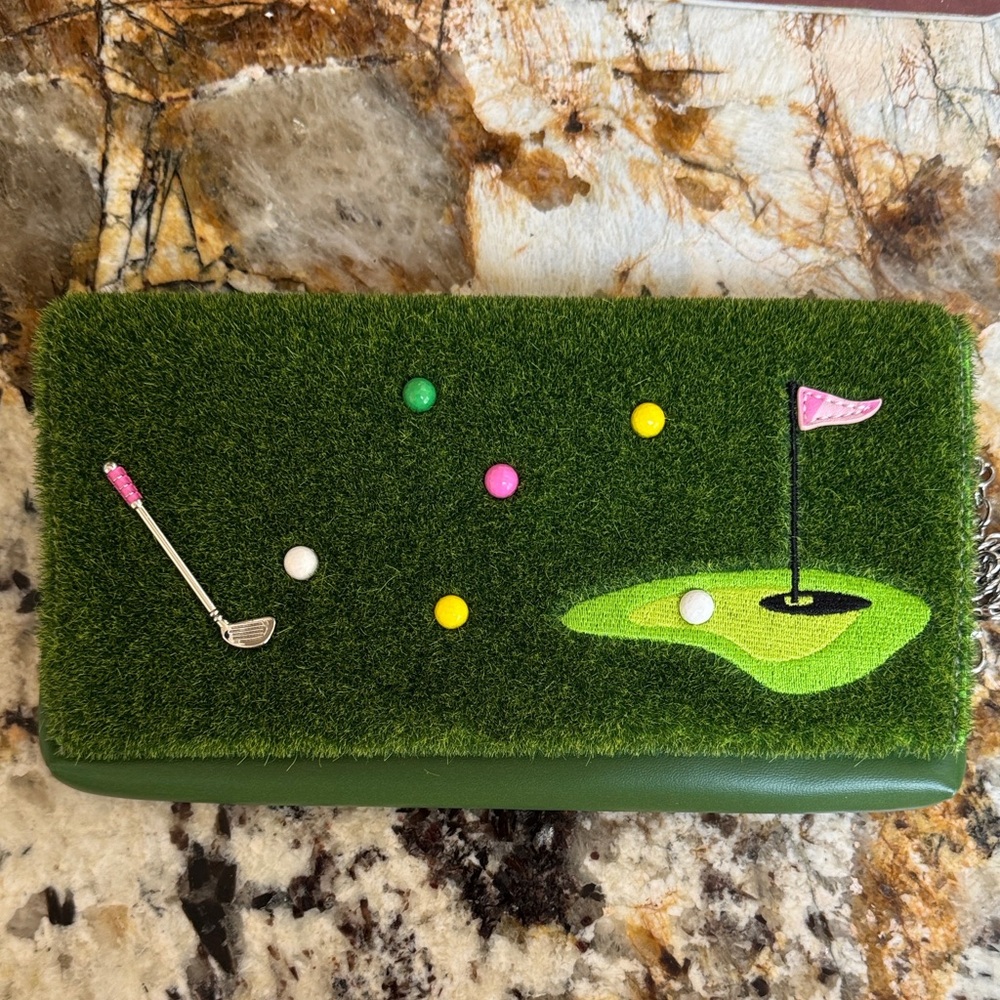 Betsey Johnson Golf Clutch Purse with Green Faux Grass and Pink Flag Accents